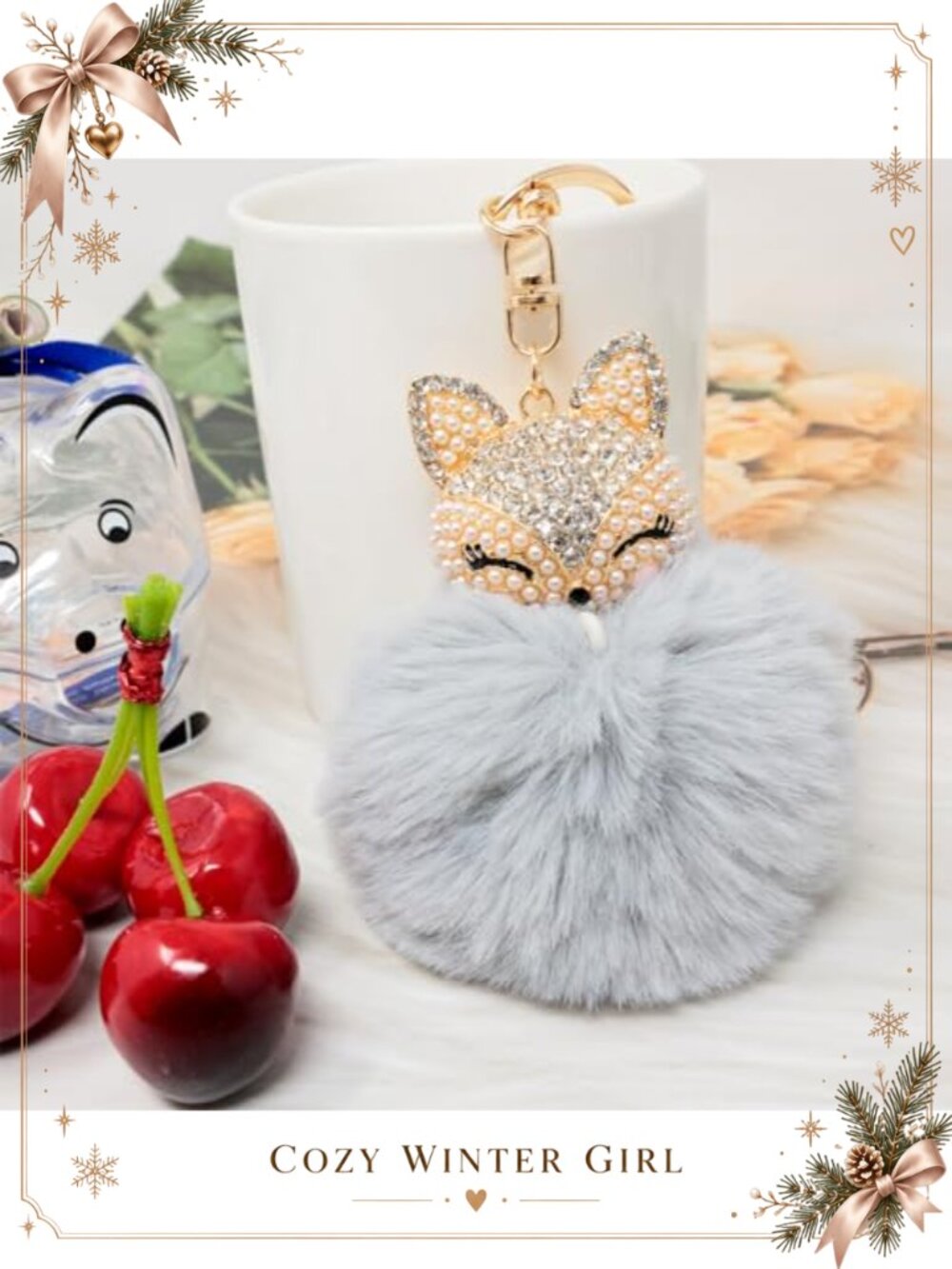 Faux Rabbit Fur Fox Head Keychain Rhinestone Sparkly Bag Charm - Picture 5 of 6
